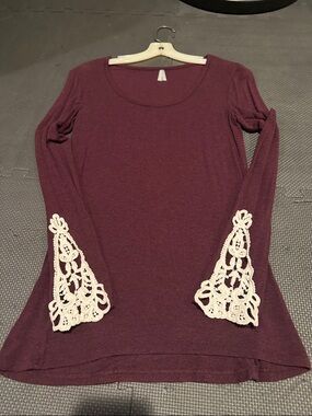 Vanity Plum Long Sleeve Scoop Neck Top with Ivory Lace Cuffs